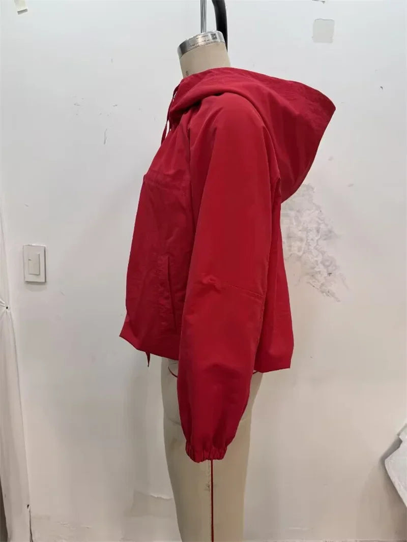 Women's Jacket 2026 Autumn New Red Long-Sleeve Drawstring Decorative Festive Hoodie Zipper Cardigan Casual Fashion Versatile