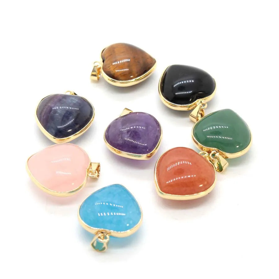 Charms Natural Healing Crystal Heart Stone Pendants For Women Necklace DIY Amethyst Rose Quartz Fluorite Aquamarine Men Jewelry