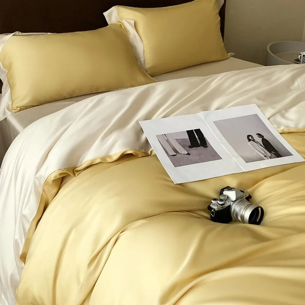 Liv-Esthete Top Grade 100% Silk Duvet Cover Set Queen King Yellow White Bedding Set Flat Sheet Beauty Pillowcase Bed Linen