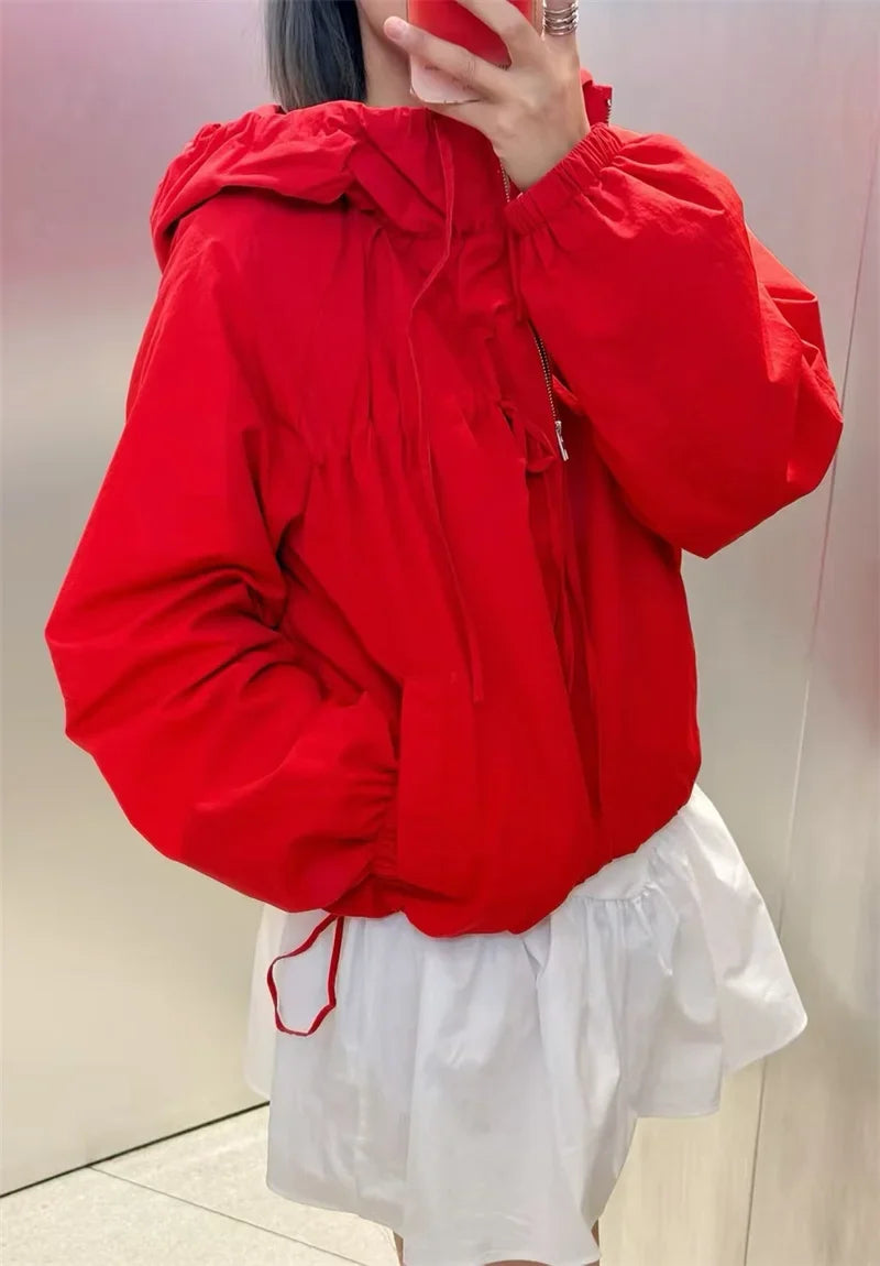 Women's Jacket 2026 Autumn New Red Long-Sleeve Drawstring Decorative Festive Hoodie Zipper Cardigan Casual Fashion Versatile