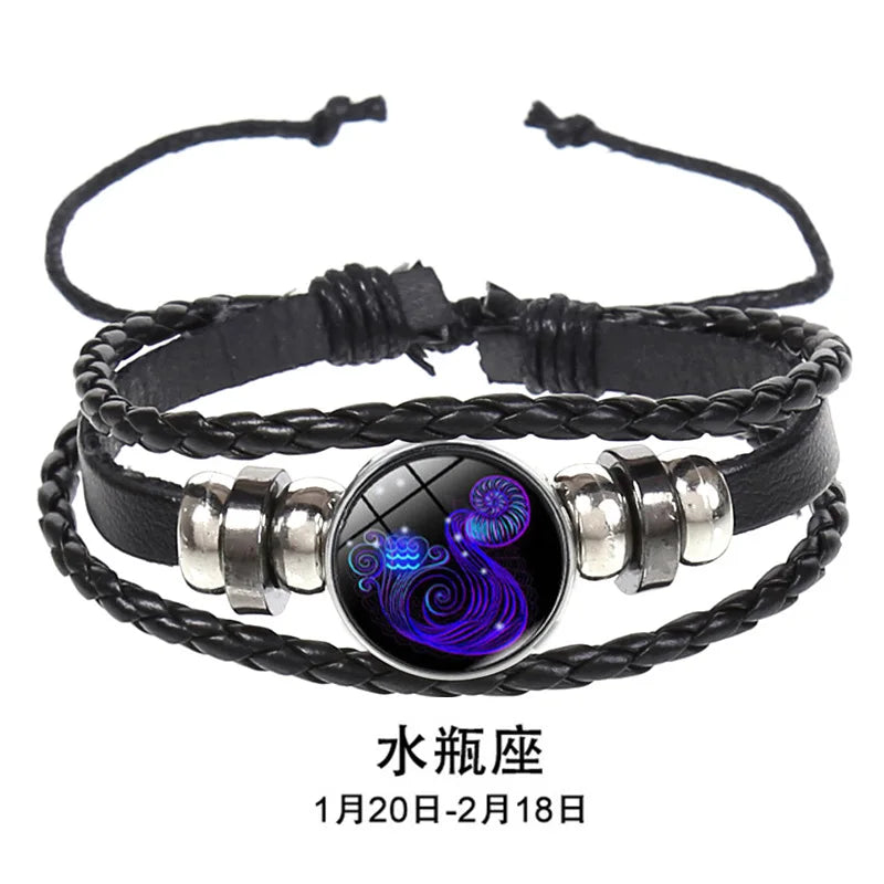12 Constellation Zodiac Sign Charm Luminous Bracelets Men Women Vintage Multilayer Wrap Leather Chain Bangle Birthday Jewelry