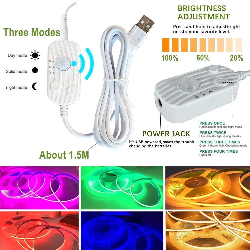 PIR Induction Dimmable 5V USB Adjustable COB Light Strip Motion Sensor Night Light Bathroom, Bedroom, Bed TV Lighting Decoration