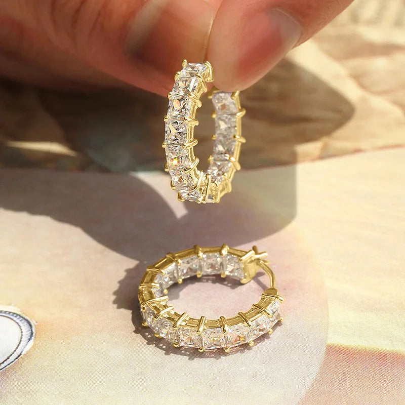 Huitan Princess Square Cubic Zirconia Hoop Earrings Luxury Trendy Ear Circle Earrings for Women Fashion Versatile Female Jewelry
