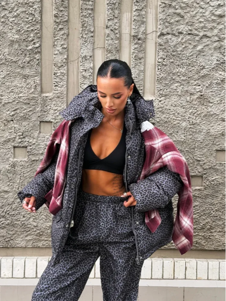 Chic Leopard Hooded Puffer Coat Set Women Quilted Full Sleeve Zip Jacket Wide Leg Pants 2026 New Lady Winter Thicken Warm Outfit