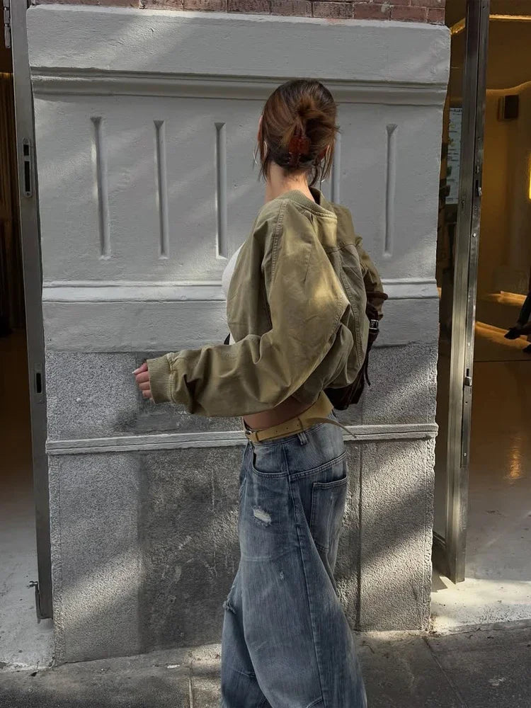 Fashion Short Bomber Jacket Women Casual Long Sleeve Round Neck  Zipper Loose Cropped 2026 Jackets Lady Spring Street Outerwear