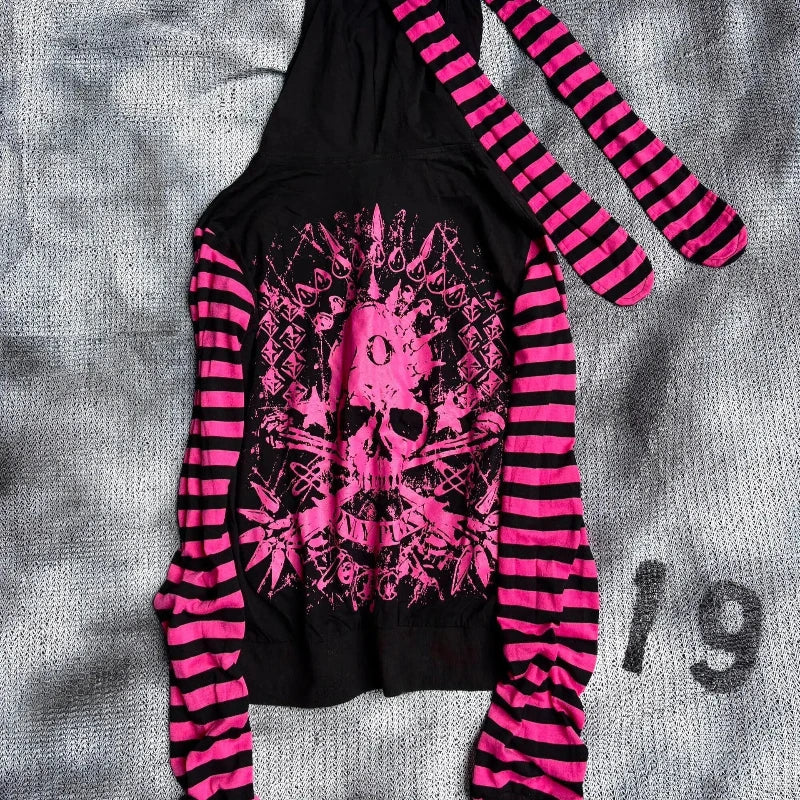 2026 Dark Pink Black Punk Skeleton Printed Striped Sleeve Hoodie Street Style Women's Zipper cardigan Wholesale