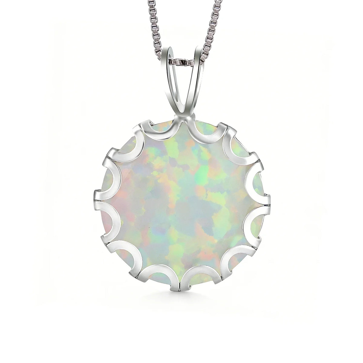 Wave Frame Opal Pendant Necklace,Round Blue Green Opal with Red Fire,White K Plated Floral Jewelry,Dainty Charms Gift for Women