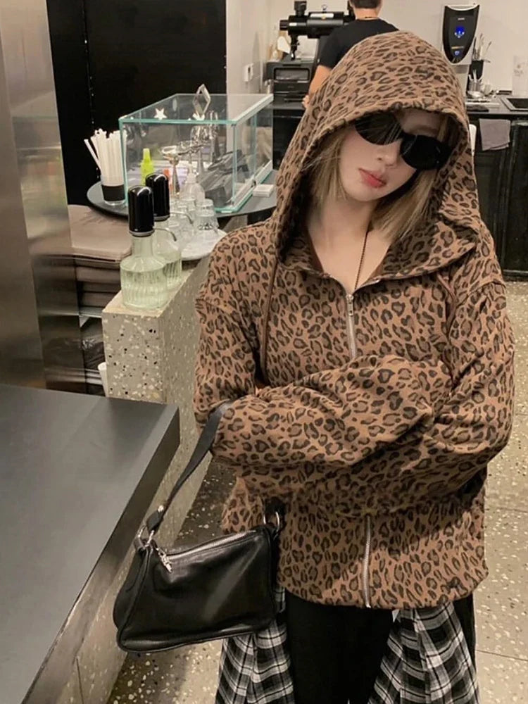 Y2K Leopard Print Hooded Jacket Women Full Zip Drawstring Hood Long Sleeve Loose Fit Streetwear Street Club Ladies Outerwear
