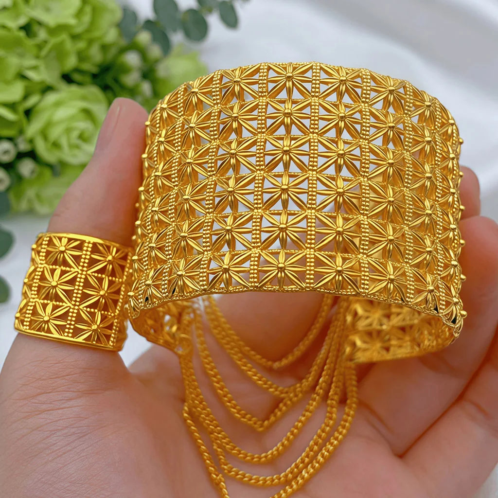 Indian Gold Color Tassel Bracelets Ring For Women Dubai African Hard Charm Bangles Wedding Arabic Hand Jewelry Party Gifts