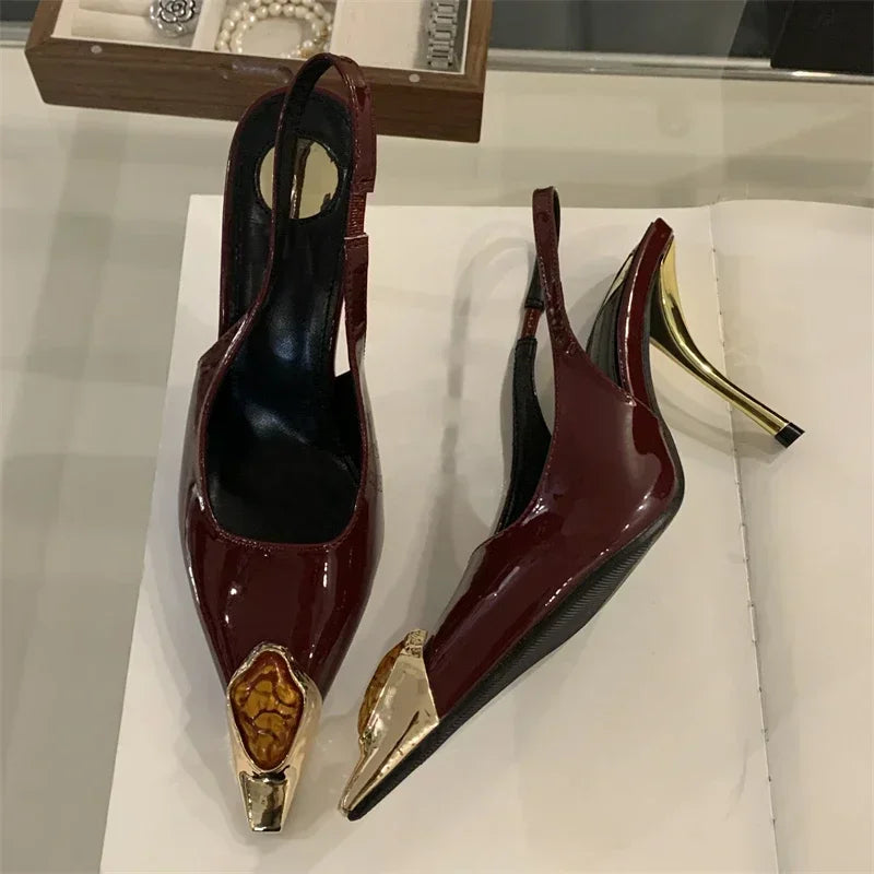 Aneikeh Street Style Design Metal Square Head Diamonds Woman Pumps Sandals Elegant Sexy Low-heel Banquet Prom Slingbacks Shoes