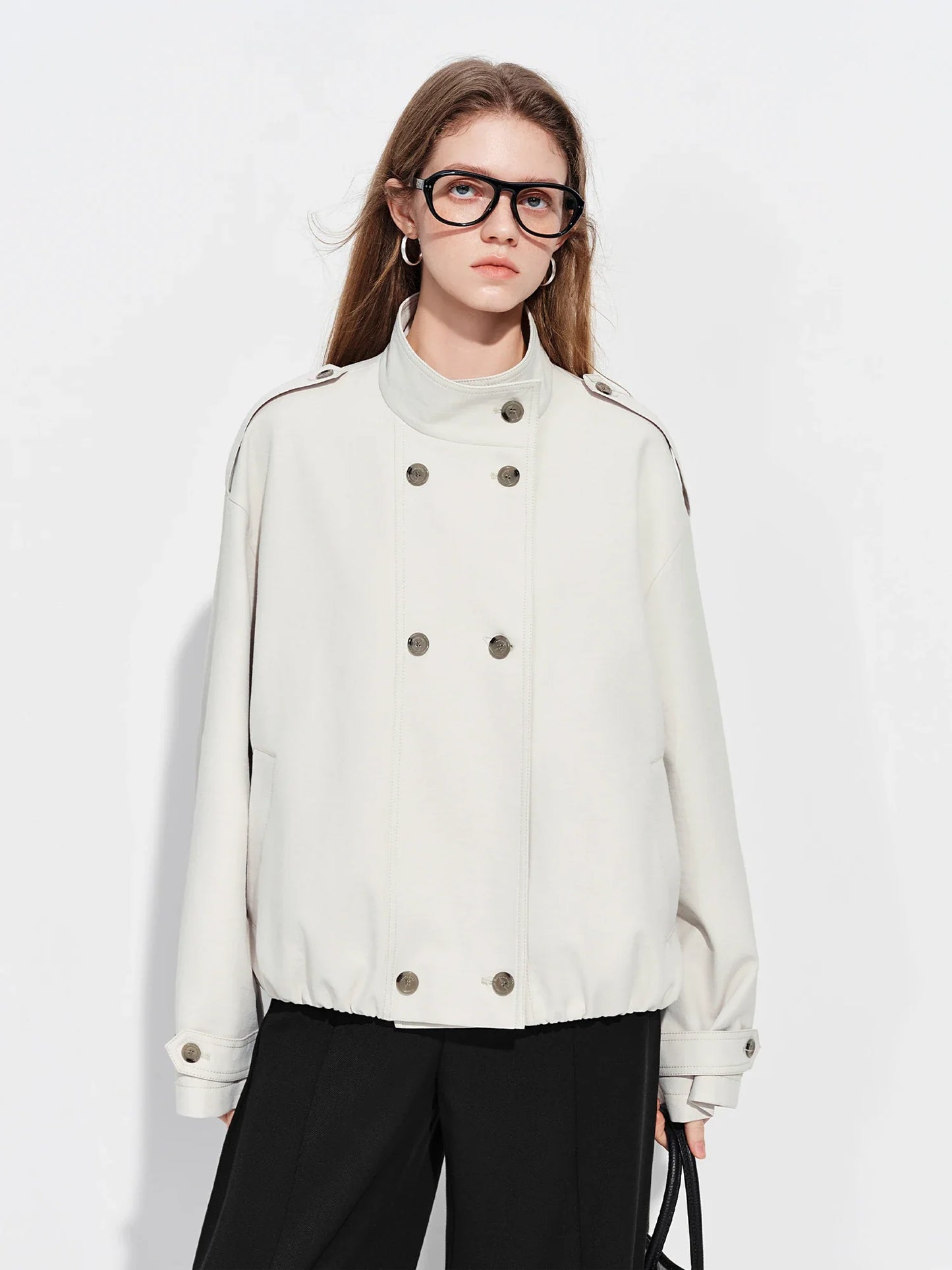 FSLE【Premium Series】Women's Oversize Short Trench Coat Brown Faux Leather Belted Jacket Grey Windbreaker Y2K Retro Outerwear