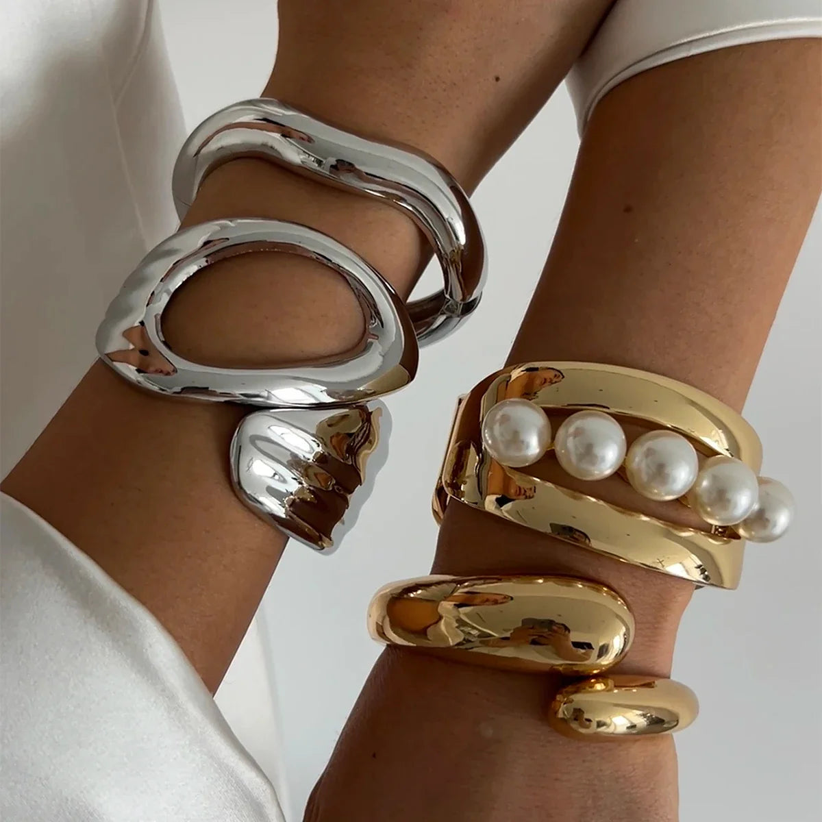 SHIXIN Design Geometric Water Drop Gold Color Wide Spring Bangles for Women Elegant Imitation Pearl Cuff Bracelets New Jewelry