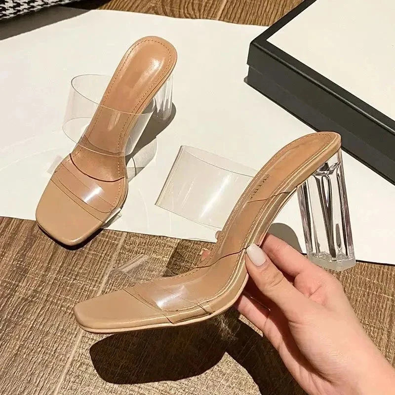 Summer Women Pumps Sandals 9cm Jelly Slippers Sexy Open Square Toe High Heels Women Transparent Slippers Shoe Heel Clear Sandals