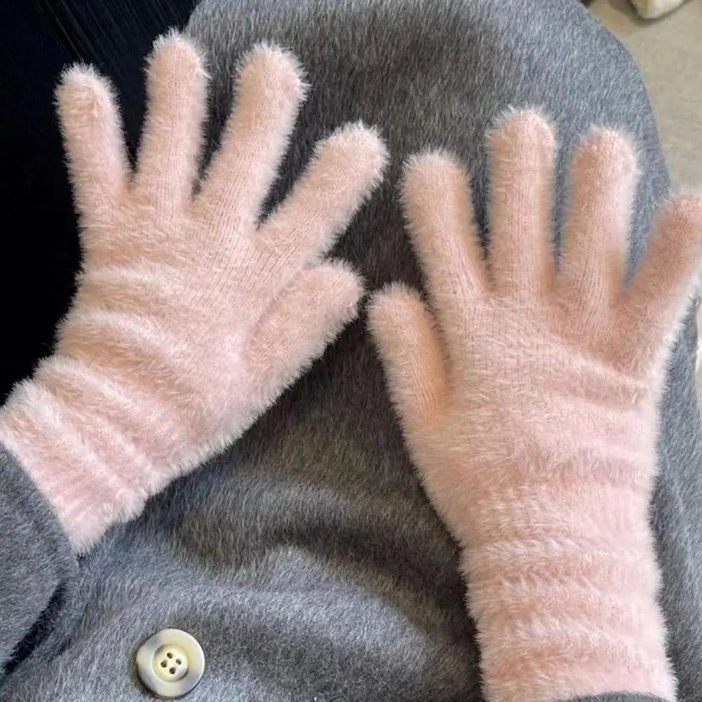 Winter Gloves Mink Velvet Five Finger Gloves Plush Warm Cold-proof Gloves Women Outdoors Cycling Solid Color Mittens