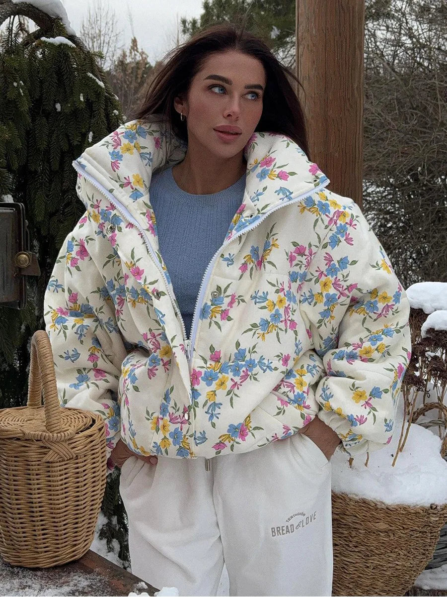 Bornladies New Women's Puffer Jacket Stand Up Collar Zipper Closure Floral Print Warm Cotton Filled Coat Oversized Autumn Winter
