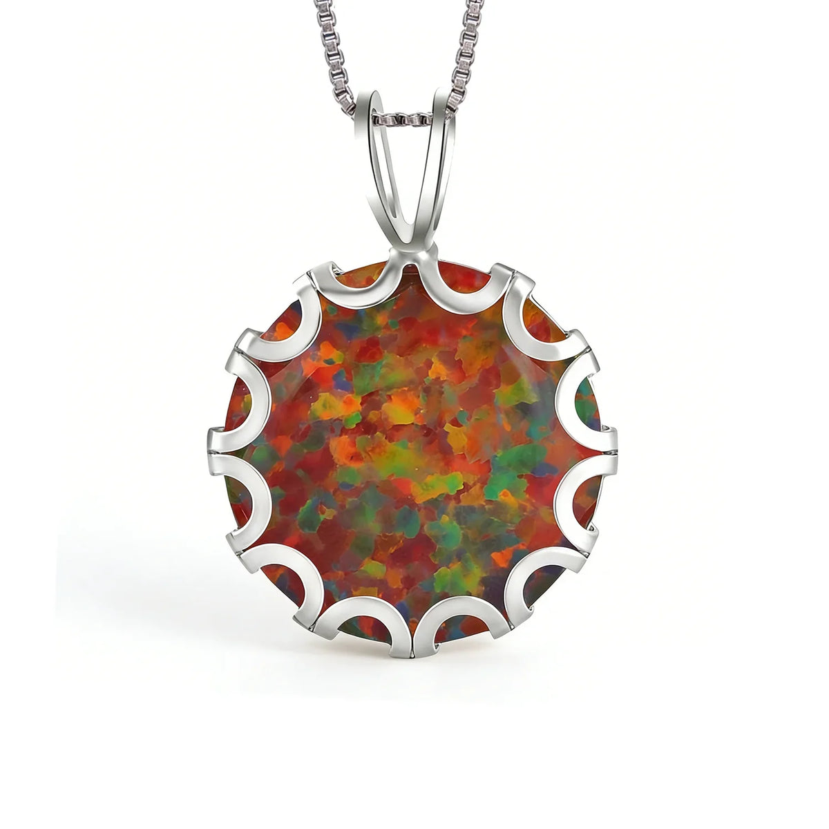 Wave Frame Opal Pendant Necklace,Round Blue Green Opal with Red Fire,White K Plated Floral Jewelry,Dainty Charms Gift for Women