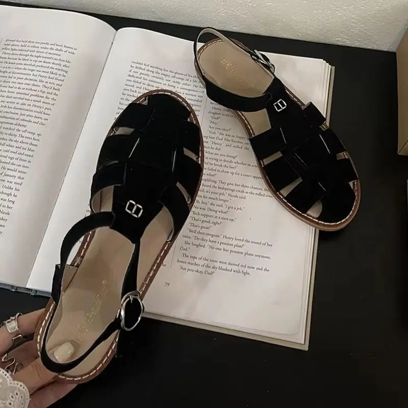 DIMANYU Women's Roman Sandals 2026 Summer New Flat Retro Real Leather Ladies Sandals Hollowed Women's Cage Shoes