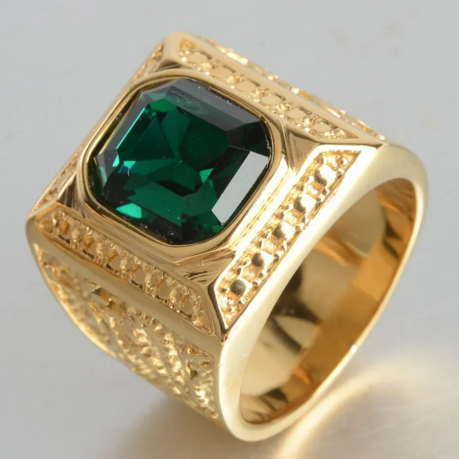 Keisha Lena Gold Plated Titanium Steel Inlay Red Blue Square Stone Men Ring Australian Gem Zirconia Wedding Ring Christmas Gift