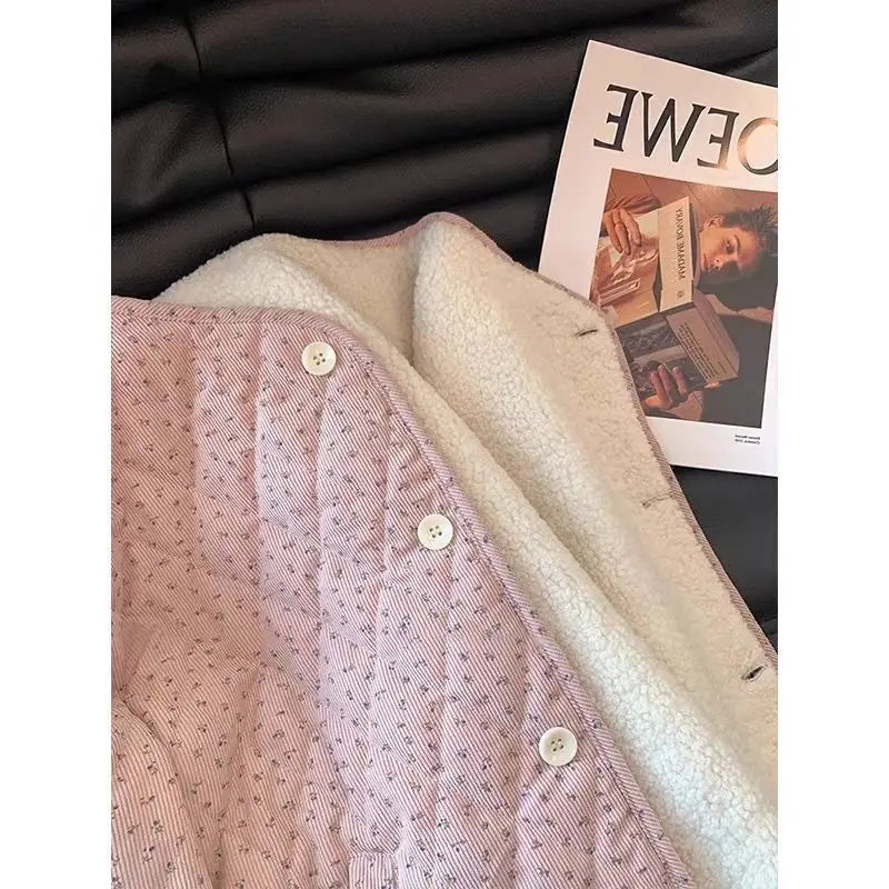 Chic Floral Corduroy Jacket for Women - Korean Loose Fit Round Neck Long Sleeve Cotton Top, Warm Versatile Autumn Winter Shacket