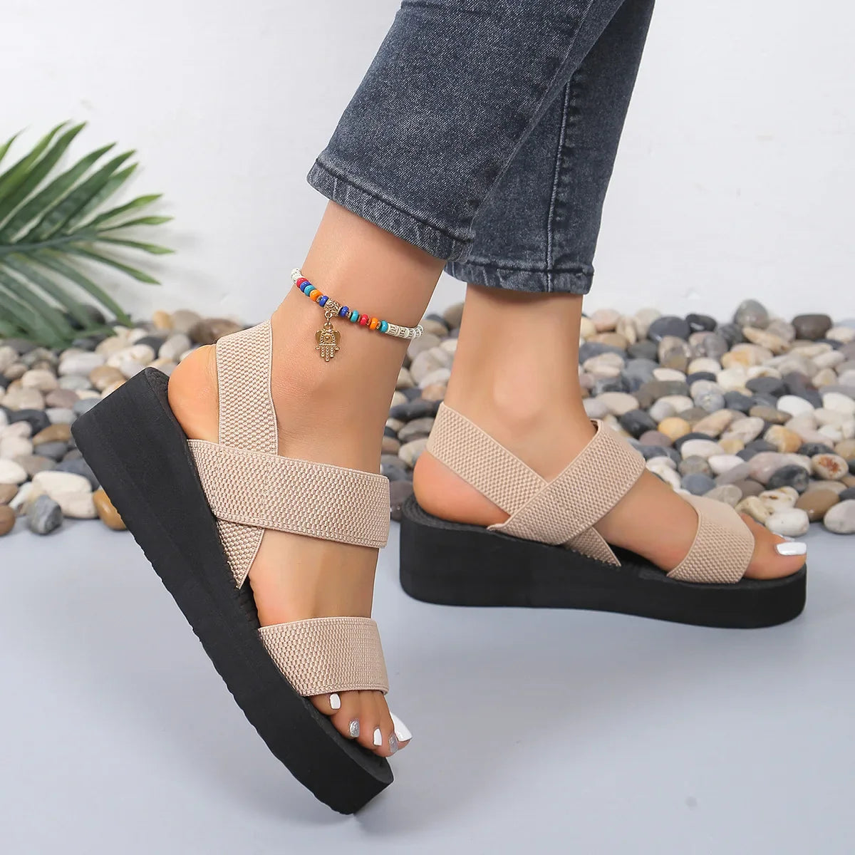 Women Slingback Wedge Sandals Outdoor Summer Lightweight Slides Solid Color Thick Bottom Ladies Slipper Female Roman Sandals
