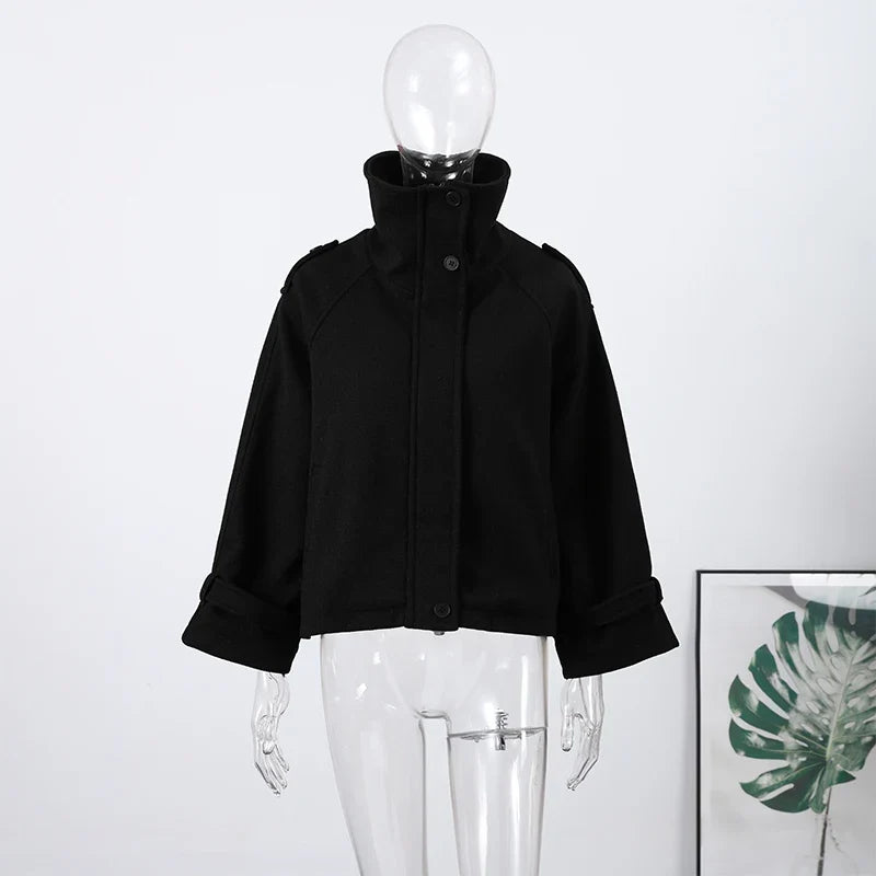 Fashion Short Woolen Coat For Women Stand Collar Full Sleeve Loose Zipper Jacket Female 2025 Spring Autumn Solid Lady Outwear
