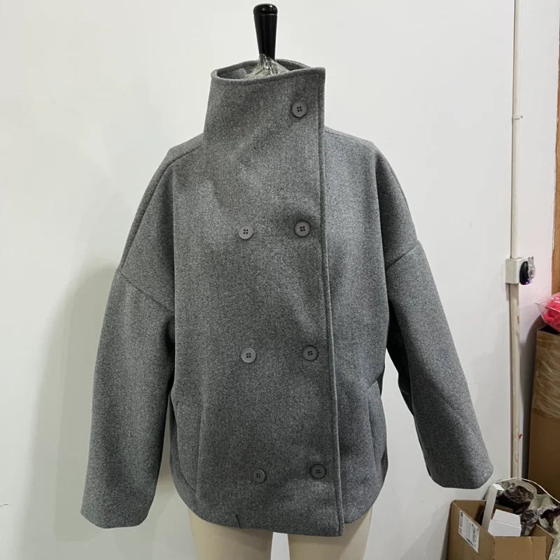 Fashion Short Woolen Coat For Women Stand Collar Full Sleeve Loose Zipper Jacket Female 2025 Spring Autumn Solid Lady Outwear