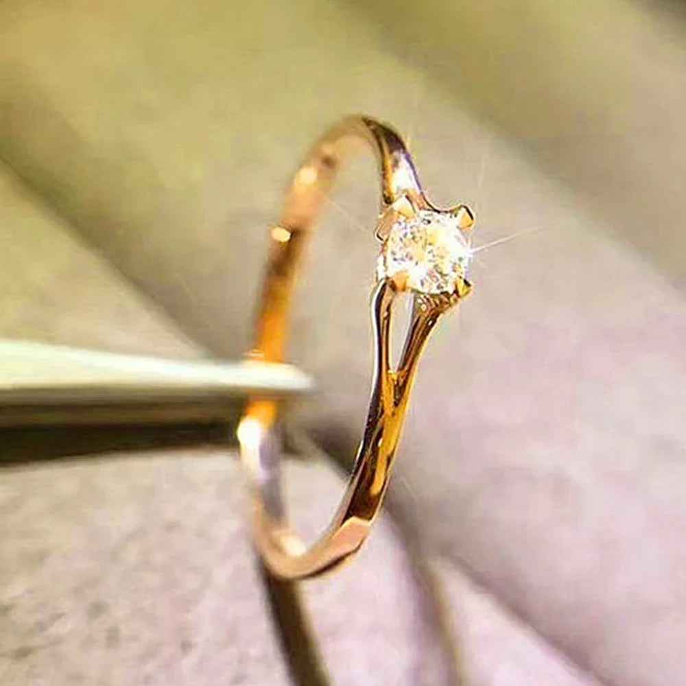 Huitan Minimalist Women's Wedding Rings with 4MM Cubic Zirconia Simple Elegant Female Finger Accessory Engagement Bands Jewelry