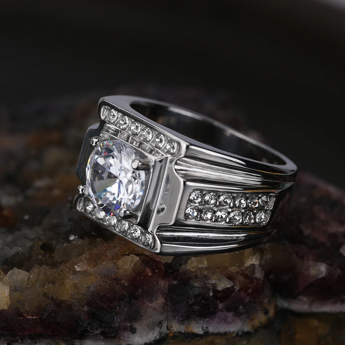 Keisha Lena AAAAA Zircon Men Ring Stainless Steel 18K Gold Plated Engagement Rings For Man Jewelry Waterproof Allergy-Resistant