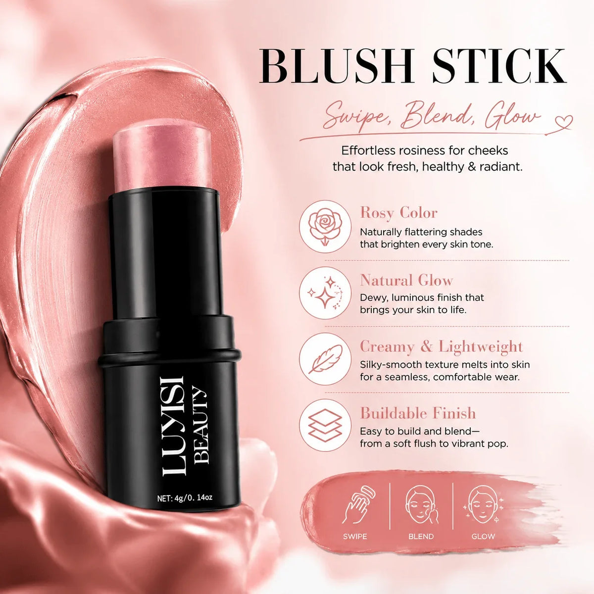 1PC Soft Rosy Color Blush Stick,Creamy Face Makeup,Waterproof,Natural Radiant Glow Finish, Lightweight Cheek,For Daily Makeup,