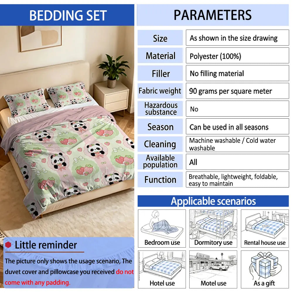 3pcs Cartoon Panda Print Coreless Duvet Cover Cool Summer Lightweight Bedding Set Multi Size Bedroom Bedding Decoration