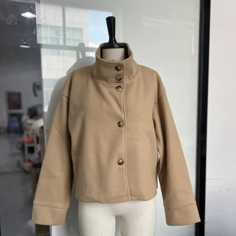 Fashion Short Woolen Coat For Women Stand Collar Full Sleeve Loose Zipper Jacket Female 2025 Spring Autumn Solid Lady Outwear