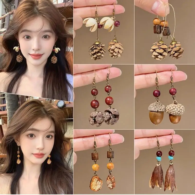 1Pair Vintage Wooden Plant Earring For Women Creative Natural Plant Dried Fruits Drop Earrings Ethnic Jewelry