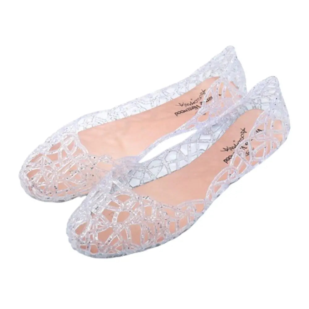 Comfortable Flat-soled Women Sandals Clear Shallow Mouth Beach Jelly Shoes Breathable Hollow Out Bling Sandals Footwear