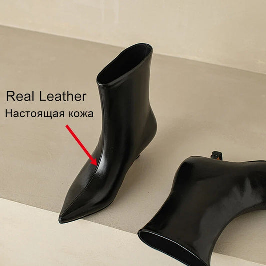 JOZHAMTA Size 34-43 Women Real Leather Ankle Boots Fashion Mid Heels Shoes For Winter Boots Pointy Office Lady Daily Dress Shoes