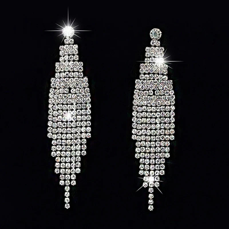 Shiny Crystal Zircon Long Stud Earrings for Women Geometric Hanging Drop Tassel Earring Fashion Party Vintage Pendant Jewelry