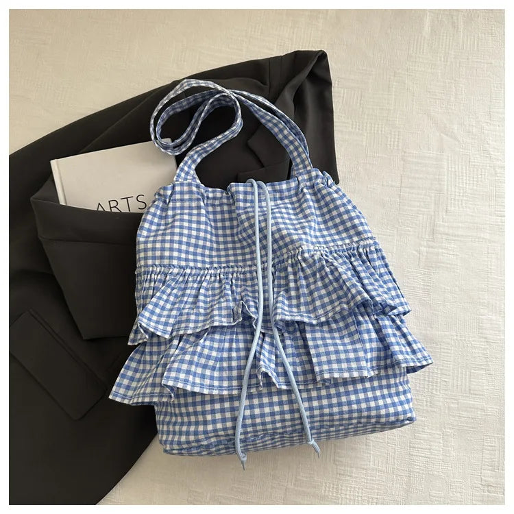 Large Capaci Cute Plaid Cotton Tote Bag  Lace Trim Women's Summer 2025 Simple Lady Handbag Soft Shoulder Bags Bolsa Feminina