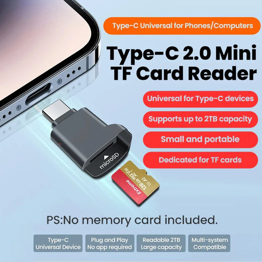 Type-C 2.0 Mini TF Card Reader External Storage Black Stretch for Memory Stick USB C 2.0 Mini TF Card Reader For Iphone