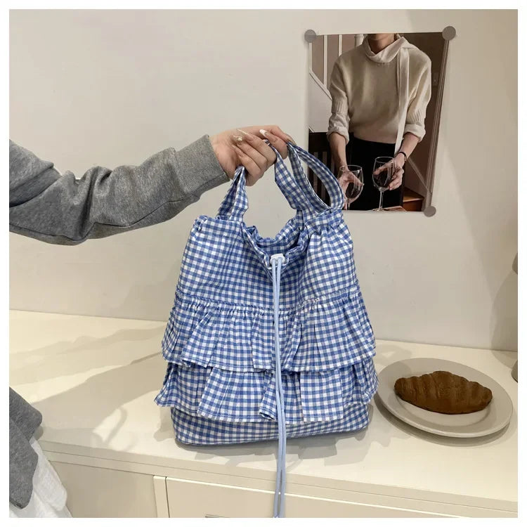 Large Capaci Cute Plaid Cotton Tote Bag  Lace Trim Women's Summer 2025 Simple Lady Handbag Soft Shoulder Bags Bolsa Feminina
