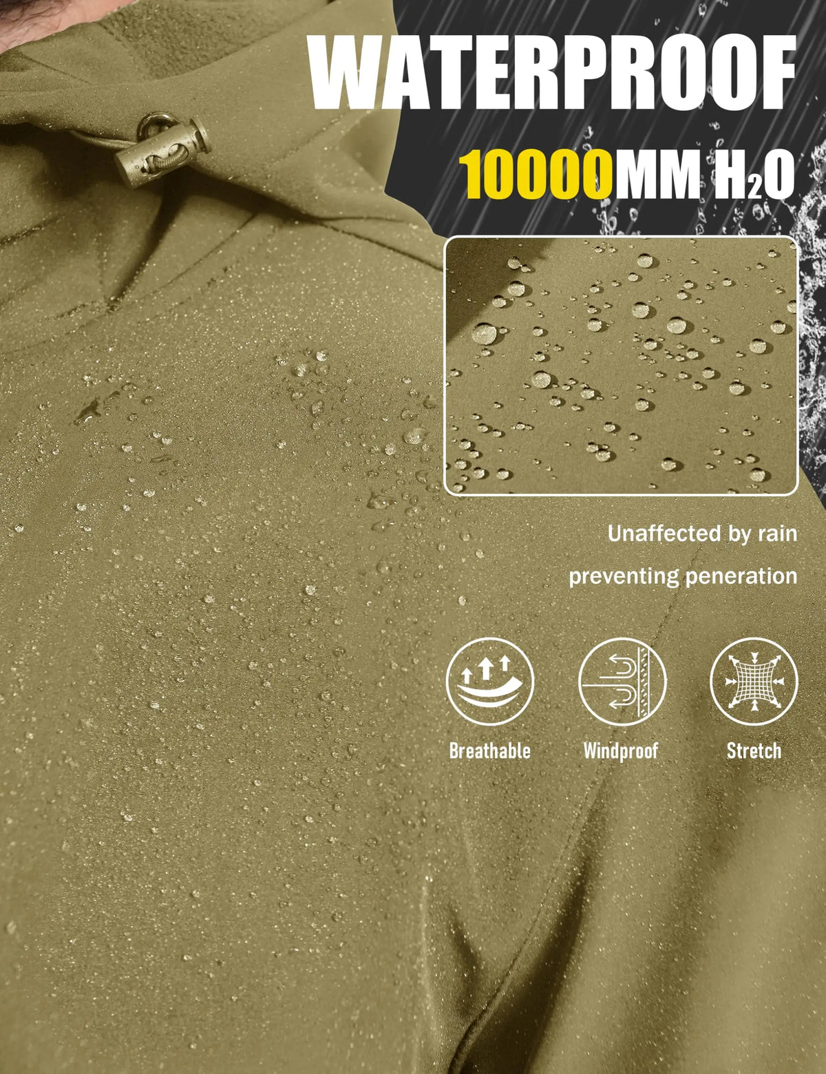 TACVASEN Hooded Rain Softshell Jacket Mens Fleece Lined Waterproof Jacket Work Jacket Outdoor Trekking Hiking Windbreaker Male