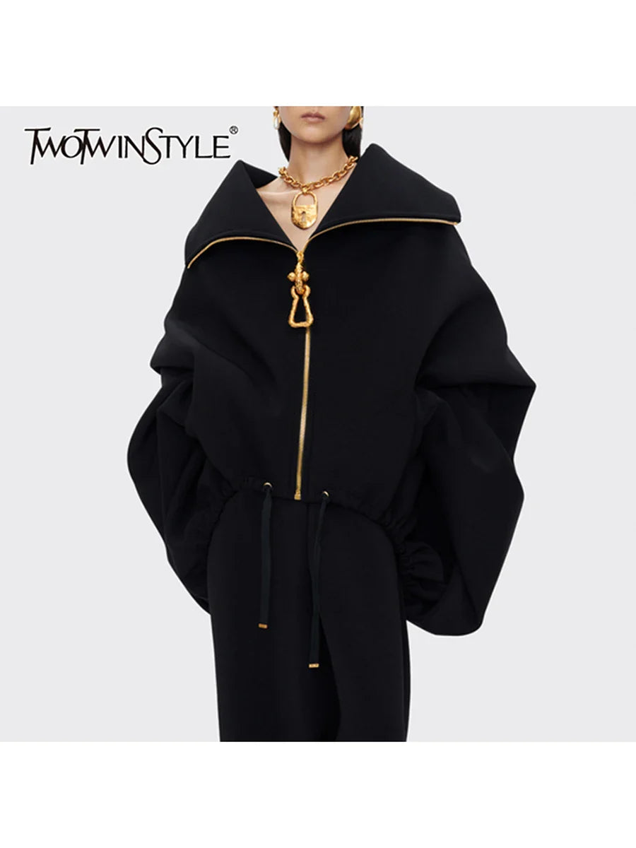 TWOTWINSTYLE Solid Loose Spliced Zipper Fashion Jackets for Women Lapel Long Sleeves Patchwork Lace Up Casual Jacket Female New
