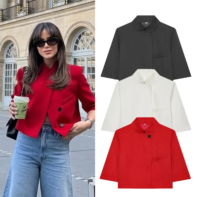Women's Cropped Short Blazer New 2026 Spring Summer High-Neck Short Sleeve Button Simple Solid Women Coat Female Chic Tops