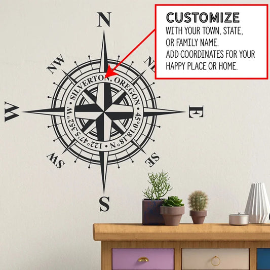 Customizable Compass Rose Wall or Ceiling Decal, Add Your Own Coordinates, Town, State or Family Name Nautical Home Decor AB37