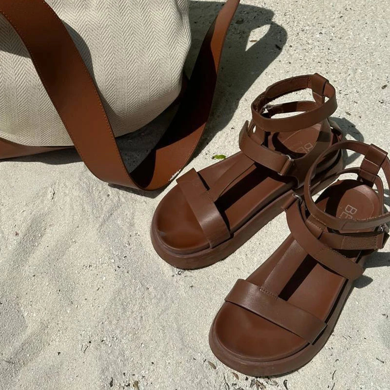 BeauToday Summer Gladiator Sandals Women Calfskin Leather Open Toe T-bar Strap Hook & Loop  Summer Ladies Shoes Handmade 07130