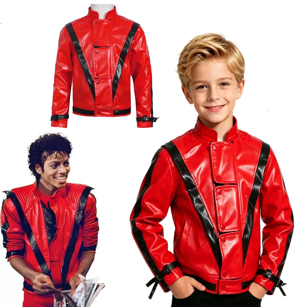Classic Michael Red Leather Jacket Cosplay Costume Zipper Design Carnival Performance Wear Teen And Adult