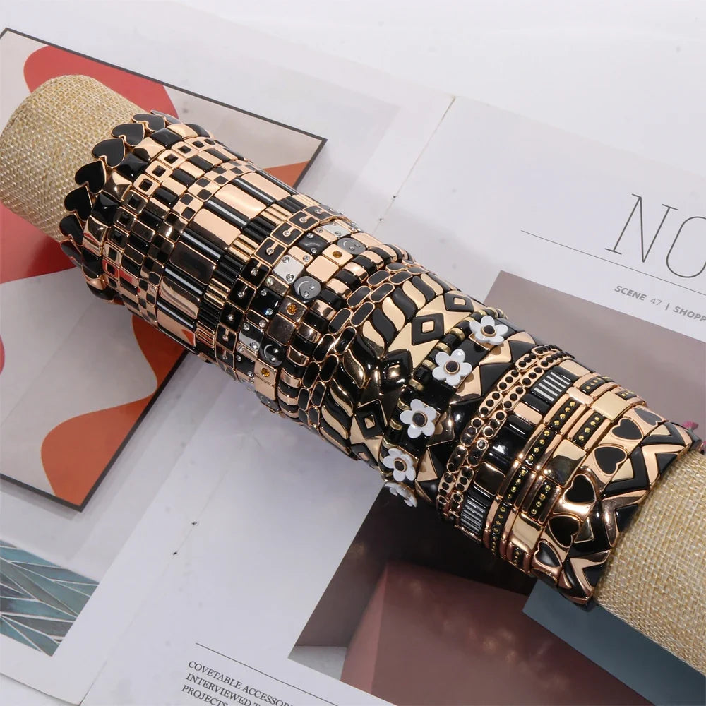2026 New Black Gold Color Beaded Bangle for Women and Men Handmade Elastic hand Wrist Bracelets