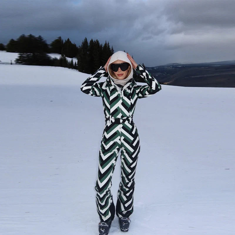 Camouflage Stripes Ski Wear Jumpsuit Sets High Collar Windproof Hooded Puff Jacket Warm Pant 2026 New Lady Snow Sportwears