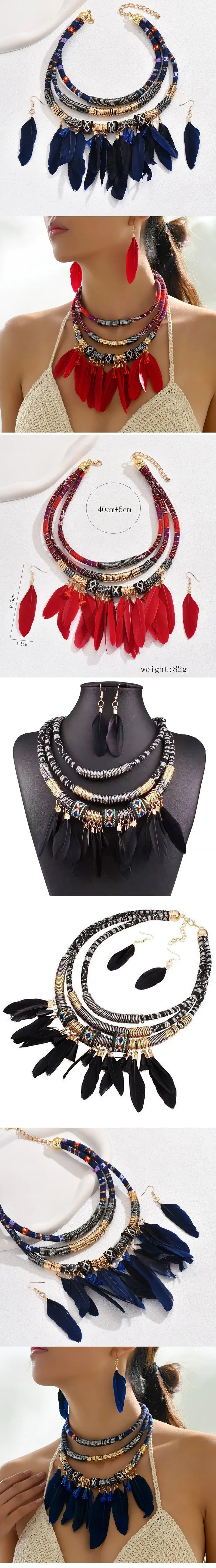 Fashion Vintage Ethnic Feather Choker Necklace Earrings Set For Women Multilayer Nekclace Earrings Jewelry Sets