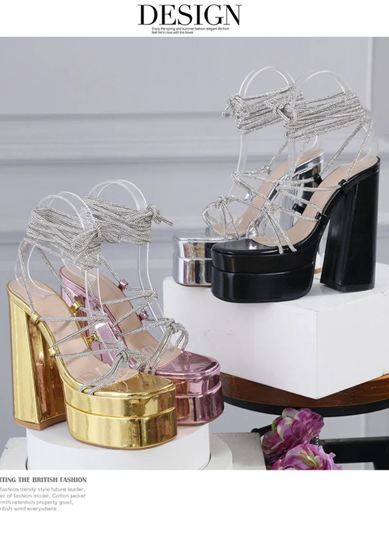 MM2025 New Arrival Rhinestone Embellished Knot T-Strap Heels Roman Peep-toe Summer Sandals Shiny Perfomance Anniversary Footwear