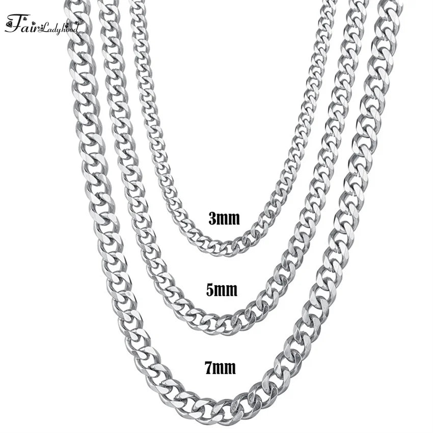 1 piece Size 3.6mm-9mm Men's Necklace Stainless Steel Cuban Link Chain Bracelet Necklace Steel Color Male Jewelry