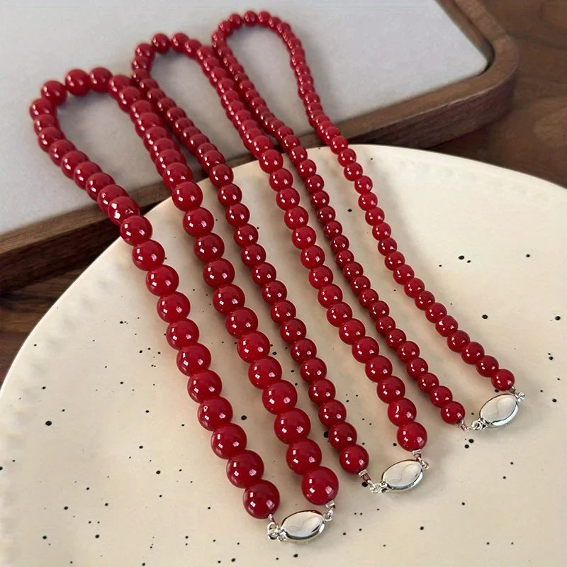 Handmade Vintage Chinese Style Glass Bead Necklace with Antique Red Glass Beads and Gold Coin Closure, Versatile Neckpiece